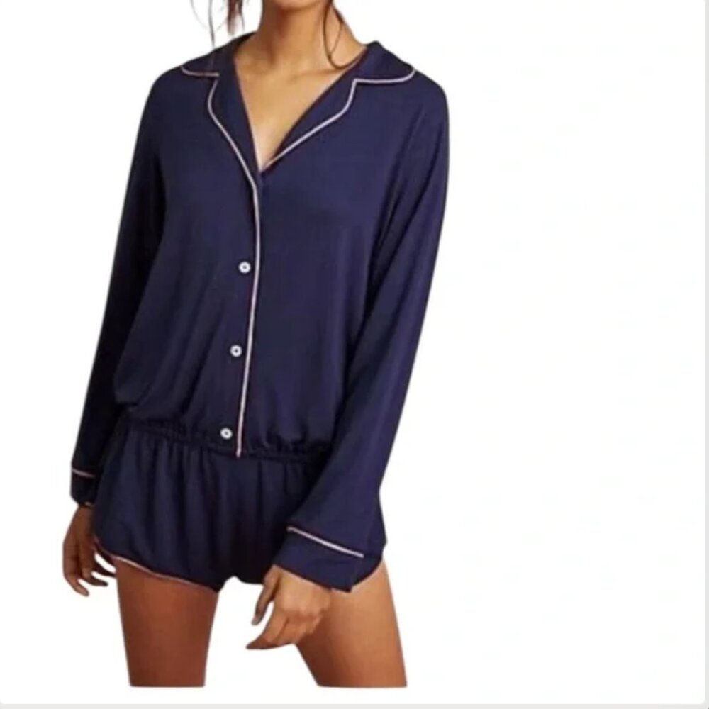 Eberjey Gisele Navy Sleep Romper PJ Pajamas Blue Pink Trim M